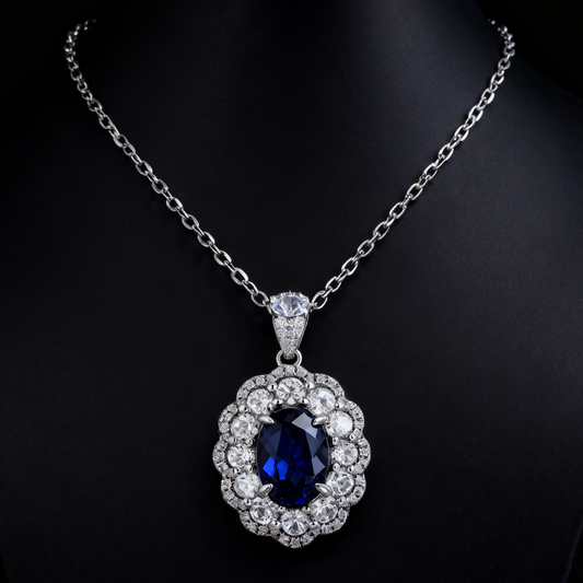 5.00ct Royal Blue Sapphire & Lab-Grown Diamond Azure Luminance Double Halo Pendant Necklace