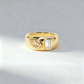 2.00 ct Pear Cut Yellow Diamond & 2.00ct Emerald Cut Diamond Modern Band