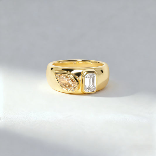 1.20 ct Pear Cut Yellow Diamond & 0.80ct Emerald Cut Diamond Modern Band