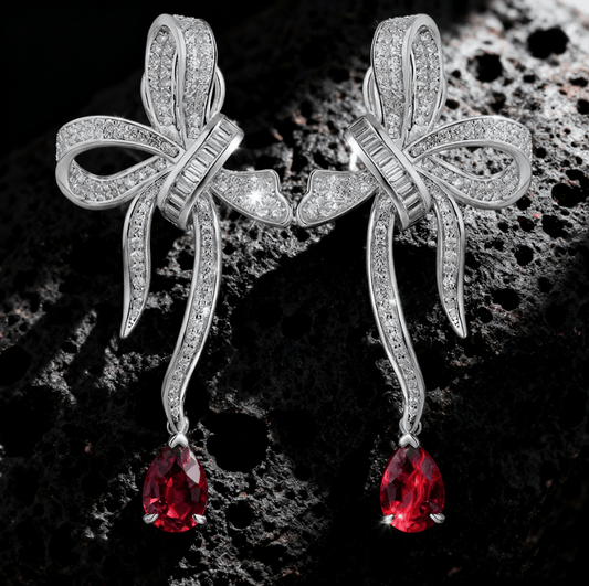 2.00 ct Lab-Grown Diamond Bow Knot Earrings with Pear Ruby Red Gemstone Drops Earrings