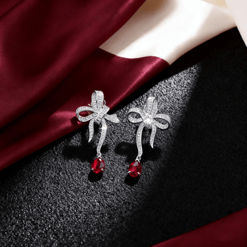 2.00 ct Lab-Grown Diamond Bow Knot Earrings with Pear Ruby Red Gemstone Drops Earrings