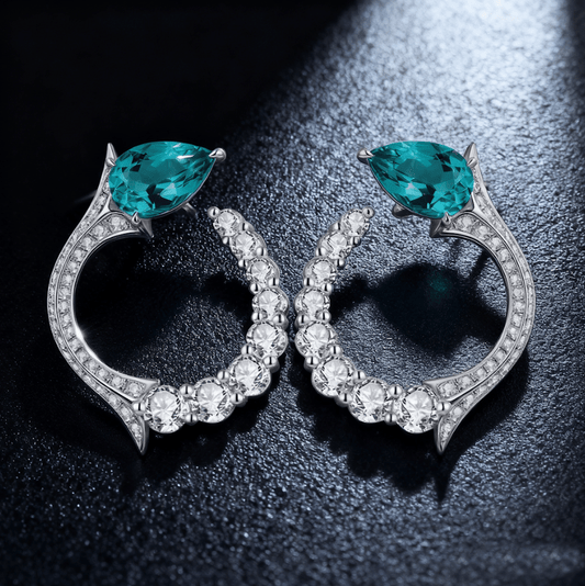 2.00ct Paraiba Tourmaline Pear-Cut Teal Gemstone & Diamond Crescent Earrings