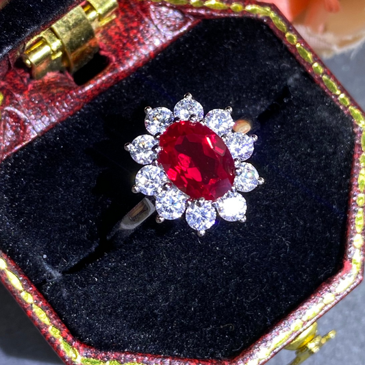 Ring with a red gemstone and diamond-like stones in an open jewelry box on a gray surface.