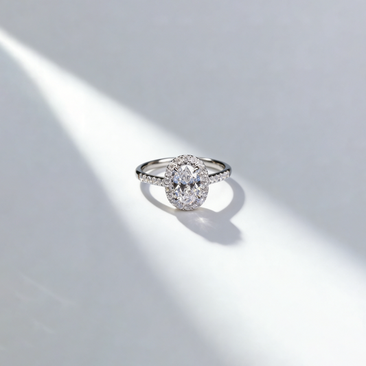 1.00 ct Oval Lab-Grown Diamond Halo Ring with 0.30 ct Side Stones