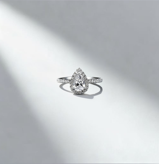 1.00 ct Pear Cut Lab-Grown Daimond Halo Ring with 0.34 ct Side Stones