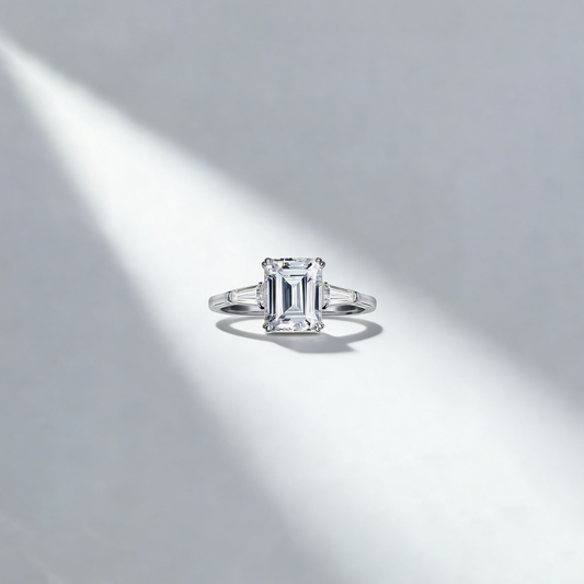 1.00ct Radient Lab Grown Pink Diamond Three-Stone Ring with Trapezoid Side Stones