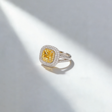 1.50 ct Cushion Cut Lab Grown Yellow Diamond Ring with 0.50 ct Triple Halo