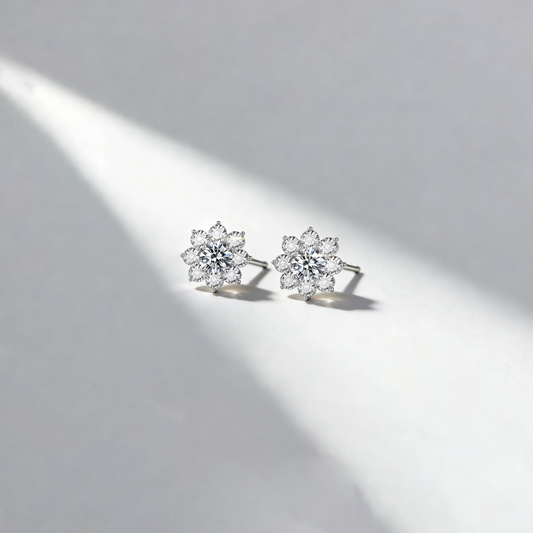 1.00 ct Sunflower Stud Earrings with 0.90 ct Halo Lab Grown Stud Earrings (Main Stone 0.50 ct per ear)