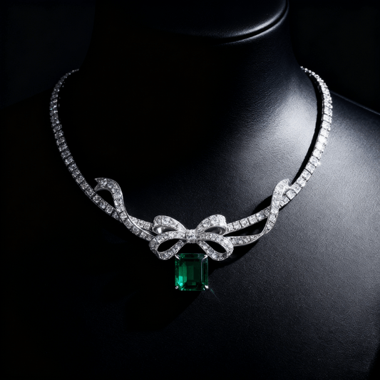 10.00ct Emerald-Cut Green Gemstone & Lab-Grown Diamond Bow Necklace