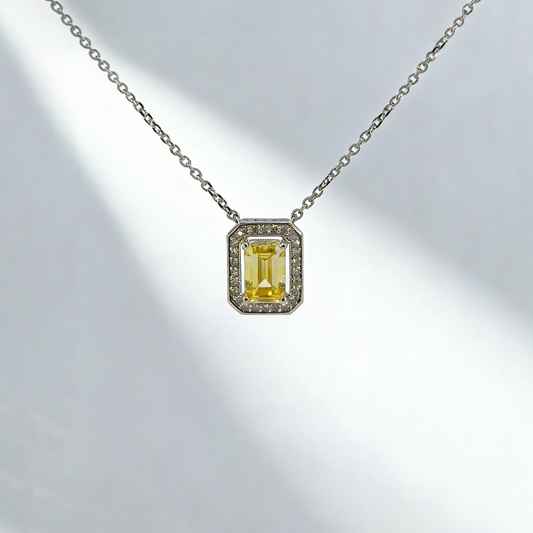 1.00ct Yellow Emerald Cut Lab-Grown Diamond Pendant Necklace with 0.10ct Halo Diamonds