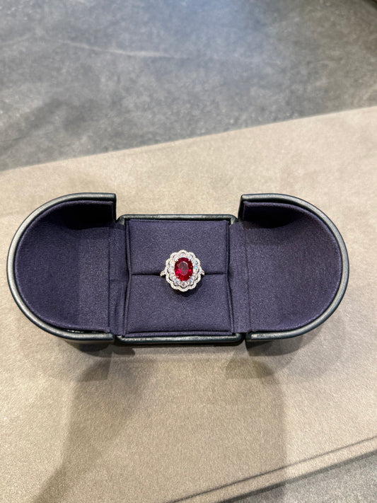 [Store Deal] Atelier 3.50 Carat Oval Cut Lab Grown Ruby Gemstone Lace Design Halo Ring 925 Sterling Silver (18K Gold Plated)