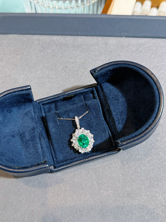 Atelier Gemstone 3.00 Carat Oval Cut Lab Grown Emerald Halo Statement Pendant Luxury Necklace 925 Sterling Silver 18K Gold Plated