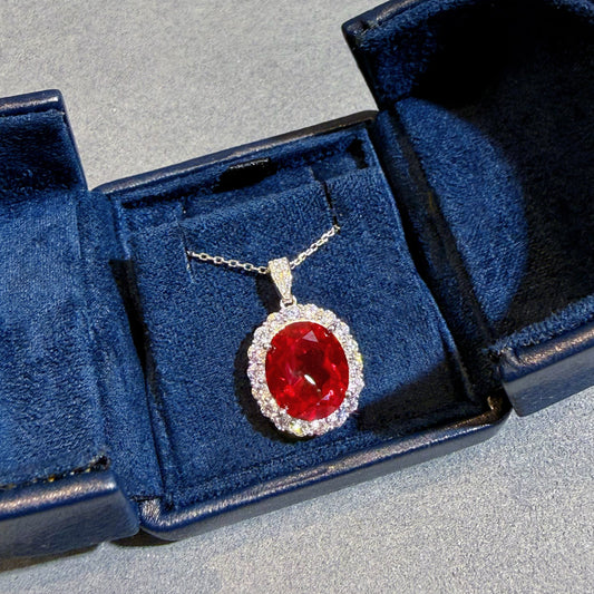 Atelier Gemstone 10.68 Carat Oval Cut Lab Grown Ruby Halo Statement Pendant Luxury Necklace 925 Sterling Silver 18K Gold Plated