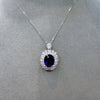 Atelier Gemstone 6.50 Carat Oval Cut Lab Grown Blue Sapphire Halo Statement Pendant Luxury Necklace 925 Sterling Silver 18K Gold Plated