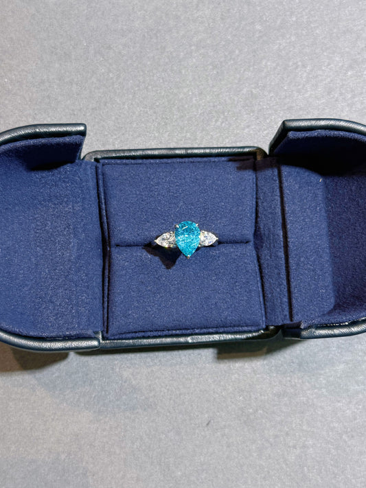 Atelier Gemstone 3.50 Carat Three Stone Pear Cut Lab Grown Paraiba Statement Ring Luxury 925 Sterling Silver 18K Gold Plated
