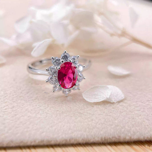 Atelier Gemstone 1.60 Carat Oval Cut Diana Style Vintage Halo Lab-Grown Ruby Ring 925 Sterling Silver (18K Gold Plated)