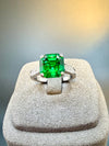 Atelier Gemstone 5.42 Carat Cushion Cut Lab Grown Green Tsavorite Garnet 4-Prong Solitaire Ring with Diamond Pavé 925 Sterling Silver (18K Gold Plated)
