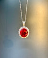 Atelier Gemstone 10.68 Carat Oval Cut Lab Grown Ruby Halo Statement Pendant Luxury Necklace 925 Sterling Silver 18K Gold Plated