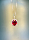 Atelier Gemstone 10.68 Carat Oval Cut Lab Grown Ruby Halo Statement Pendant Luxury Necklace 925 Sterling Silver 18K Gold Plated