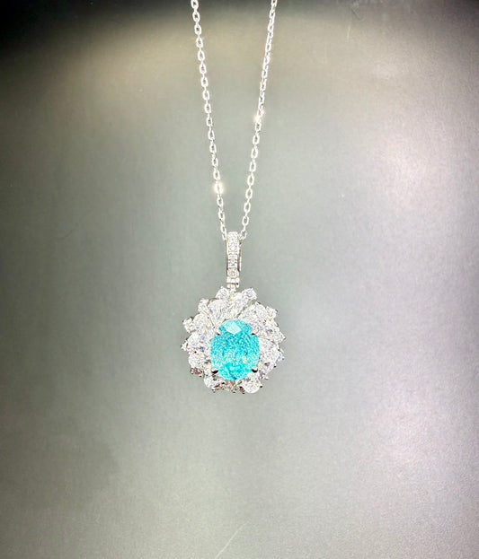Atelier Gemstone 4.80 Carat Oval Cut Lab Grown Paraiba Halo Statement Pendant Luxury Necklace 925 Sterling Silver 18K Gold Plated