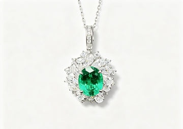Atelier Gemstone 3.00 Carat Oval Cut Lab Grown Emerald Halo Statement Pendant Luxury Necklace 925 Sterling Silver 18K Gold Plated