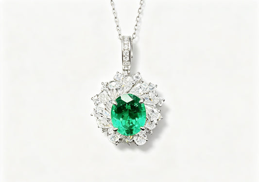 Atelier Gemstone 3.00 Carat Oval Cut Lab Grown Emerald Halo Statement Pendant Luxury Necklace 925 Sterling Silver 18K Gold Plated