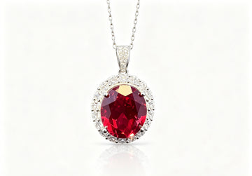 Atelier Gemstone 10.68 Carat Oval Cut Lab Grown Ruby Halo Statement Pendant Luxury Necklace 925 Sterling Silver 18K Gold Plated