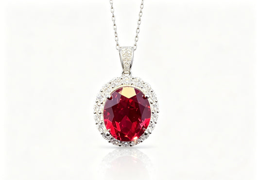 Atelier Gemstone 10.68 Carat Oval Cut Lab Grown Ruby Halo Statement Pendant Luxury Necklace 925 Sterling Silver 18K Gold Plated