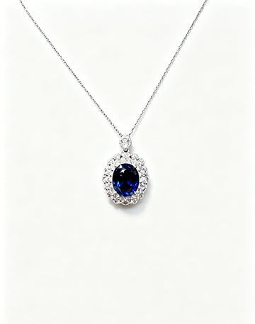 Atelier Gemstone 6.50 Carat Oval Cut Lab Grown Blue Sapphire Halo Statement Pendant Luxury Necklace 925 Sterling Silver 18K Gold Plated