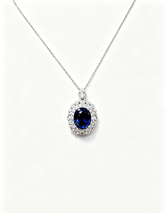 Atelier Gemstone 6.50 Carat Oval Cut Lab Grown Blue Sapphire Halo Statement Pendant Luxury Necklace 925 Sterling Silver 18K Gold Plated