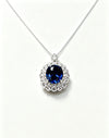 Atelier Gemstone 6.50 Carat Oval Cut Lab Grown Blue Sapphire Halo Statement Pendant Luxury Necklace 925 Sterling Silver 18K Gold Plated
