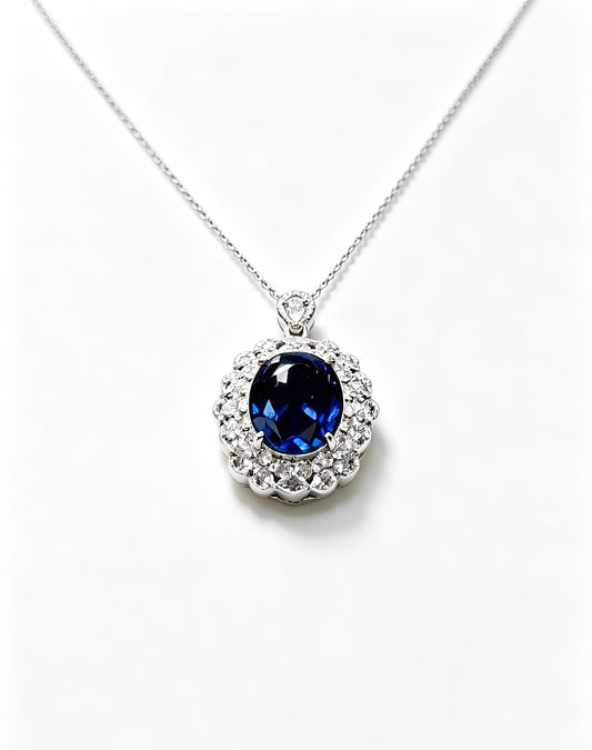 Atelier Gemstone 6.50 Carat Oval Cut Lab Grown Blue Sapphire Halo Statement Pendant Luxury Necklace 925 Sterling Silver 18K Gold Plated