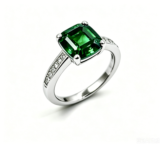 Atelier Gemstone 5.42 Carat Cushion Cut Lab Grown Green Tsavorite Garnet 4-Prong Solitaire Ring with Diamond Pavé 925 Sterling Silver (18K Gold Plated)