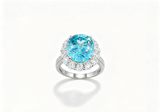 Atelier Gemstone 9.21 Carat Oval Cut Lab Grown Paraiba Halo Statement Ring Luxury 925 Sterling Silver 18K Gold Plated