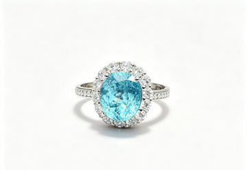 Atelier Gemstone 9.21 Carat Oval Cut Lab Grown Paraiba Halo Statement Ring Luxury 925 Sterling Silver 18K Gold Plated