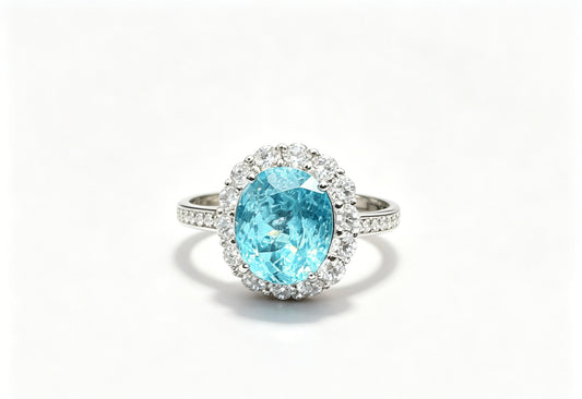Atelier Gemstone 9.21 Carat Oval Cut Lab Grown Paraiba Halo Statement Ring Luxury 925 Sterling Silver 18K Gold Plated