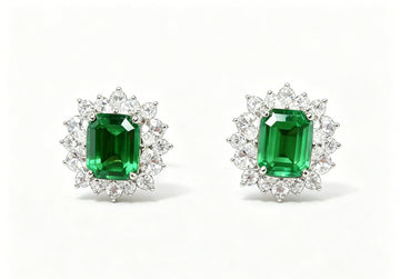 Atelier Gemstone 6.00 Carat Emerald Halo Stud Earrings Luxury 925 Sterling Silver 18K Gold Plated