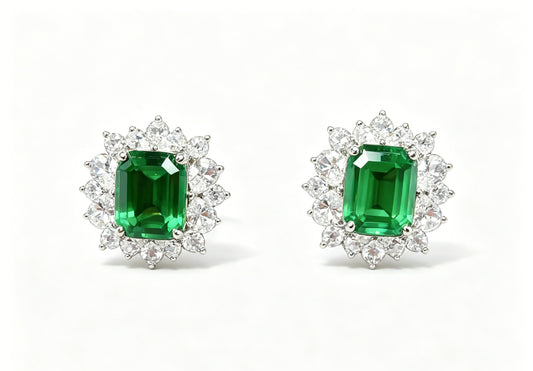 Atelier Gemstone 6.00 Carat Emerald Halo Stud Earrings Luxury 925 Sterling Silver 18K Gold Plated