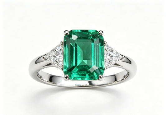 Atelier Gemstone 2.20 Carat Colombian Lab Grown Emerald Three-Stone Ring 925 Sterling Silver (18K Gold Plated)