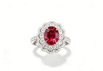 Atelier Gemstone 3.50 Carat Oval Cut Lab Grown Ruby Lace Design Halo Ring 925 Sterling Silver (18K Gold Plated)