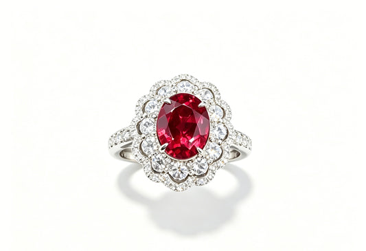 Atelier Gemstone 3.50 Carat Oval Cut Lab Grown Ruby Lace Design Halo Ring 925 Sterling Silver (18K Gold Plated)