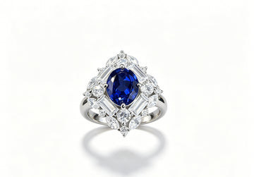 Atelier Gemstone 3.50 Carat Lab Grown Royal Blue Sapphire Halo Ring 925 Sterling Silver (18K Gold Plated)