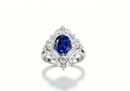 Atelier Gemstone 3.50 Carat Lab Grown Royal Blue Sapphire Halo Ring 925 Sterling Silver (18K Gold Plated)