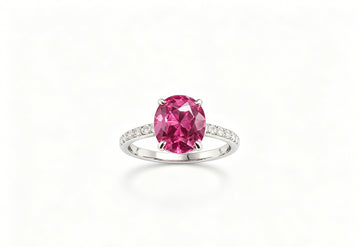 Atelier Gemstone 3.50ct Oval Cut Lab Grown Hot Pink Ruby 4-Prong Solitaire Ring with Diamond Pavé 925 Sterling Silver (18K Gold Plated)