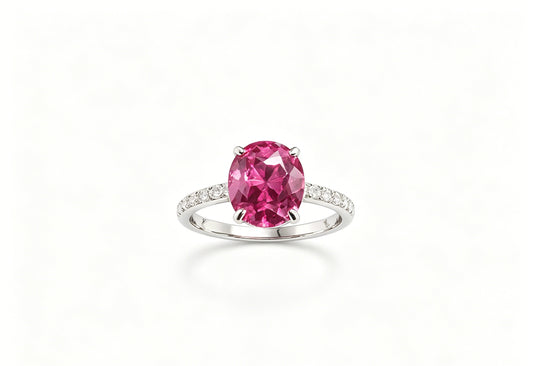 Atelier Gemstone 3.50ct Oval Cut Lab Grown Hot Pink Ruby 4-Prong Solitaire Ring with Diamond Pavé 925 Sterling Silver (18K Gold Plated)