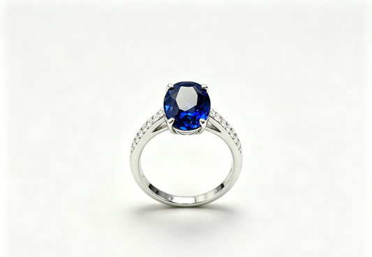 Atelier Gemstone 3.50 Carat Oval Cut Lab Grown Blue Sapphire 4-Prong Solitaire Ring with Diamond Pavé 925 Sterling Silver (18K Gold Plated)