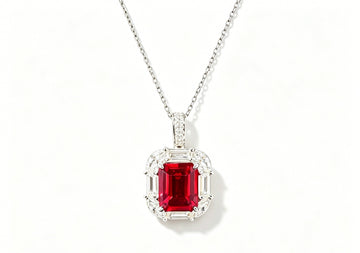 Atelier Gemstone 3.50 Carat Emerald Cut Lab Grown Ruby Halo Pendant Luxury Necklace 925 Sterling Silver 18K Gold Plated