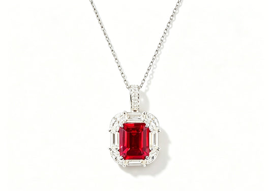 Atelier Gemstone 3.50 Carat Emerald Cut Lab Grown Ruby Halo Pendant Luxury Necklace 925 Sterling Silver 18K Gold Plated