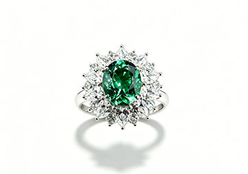 Atelier Gemstone 5.00 Carat Oval Cut Colombian Lab Grown Emerald Statement Luxury Halo Ring 925 Sterling Silver (18K Gold Plated)