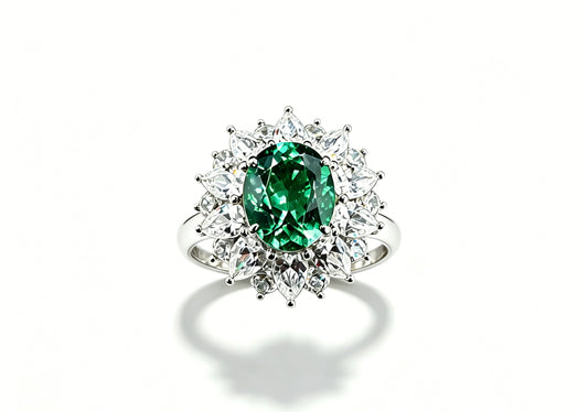 Atelier Gemstone 5.00 Carat Oval Cut Colombian Lab Grown Emerald Statement Luxury Halo Ring 925 Sterling Silver (18K Gold Plated)